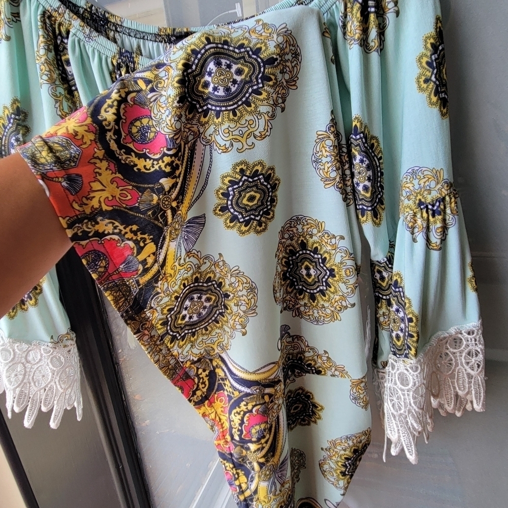 WIN WIN Boho Women's Blouse 3/4 Sleeves Off Shoulder L/XL Lace Multicolor Tunic - Picture 6 of 9